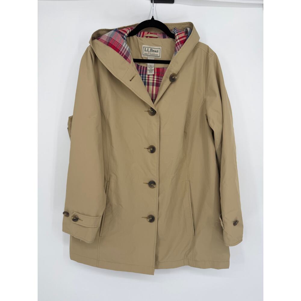 Vintage L.L. BEAN 1X Womens Khaki Mackintosh Jacket Flannel Lined Rain Coat Hood - Picture 5 of 16